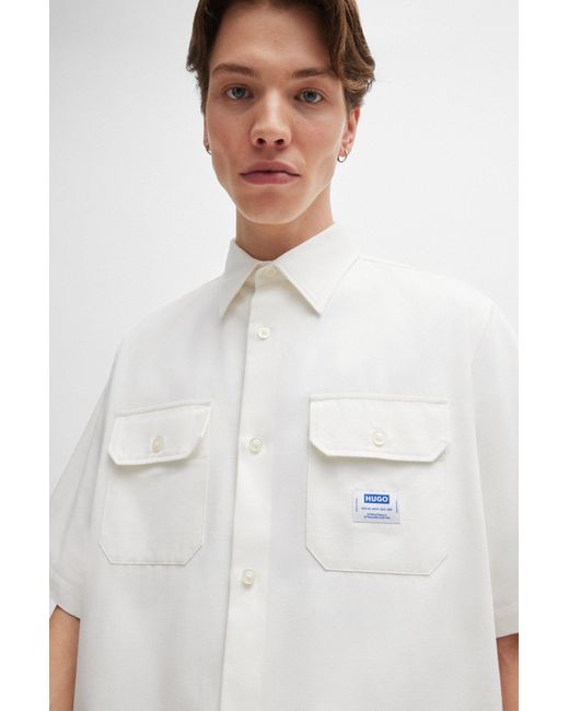 HUGO White Loose-fit Shirt In Cotton Twill With Logo Patch for men