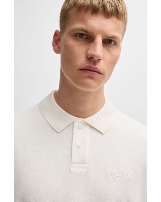 Boss White Cotton-toweling Polo Shirt With Mixed-technique Logo for men
