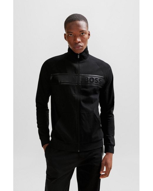 Boss Black Cotton-terry Zip-up Jacket With Tonal Logo Print for men