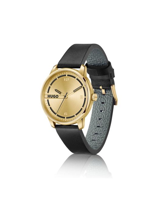 HUGO Metallic Tone Watch With Leather Strap for men