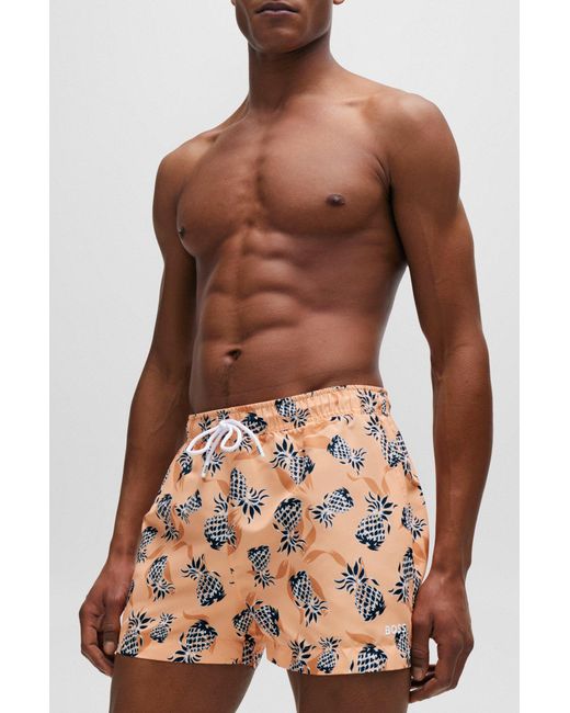 Boss Orange Fully Lined Swim Shorts With Pineapple Motif for men
