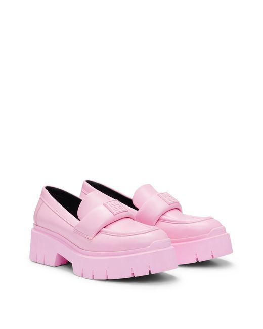 HUGO Pink Leather Loafers With Platform Sole And Branded Strap