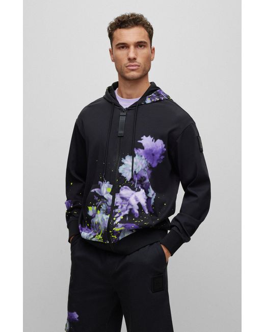 BOSS by HUGO BOSS Interlock-cotton Zip-up Hoodie With Floral Print in Black  for Men