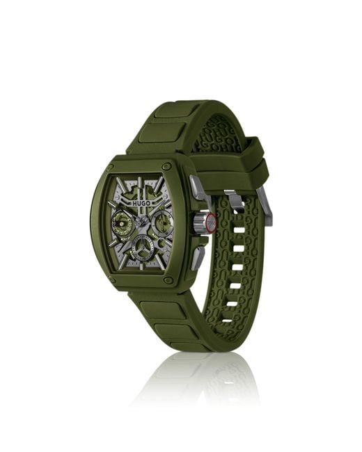 HUGO Green Skeleton-Dial Watch With Silicone Strap for men