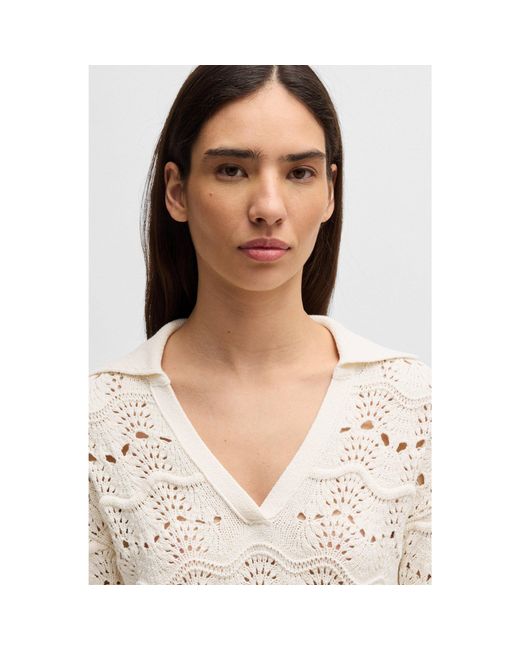 Boss White Johnny-Collar Sweater With Cotton-Blend Open-Knit Structure