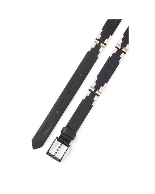 Boss Black Equestrian Leather Belt With Hand-Embroidered Signature Stripes