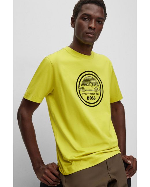 BOSS by HUGO BOSS Porsche X Mercerised-cotton T-shirt With Flocked Logo in  Yellow for Men | Lyst