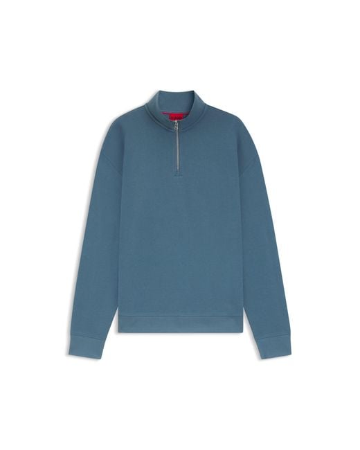 HUGO Blue Cotton-Terry Logo Sweatshirt With Zip Neck for men