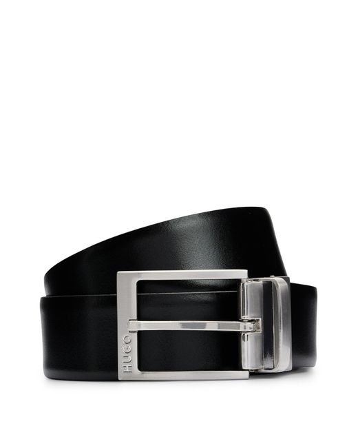 HUGO Black Reversible Italian-leather Belt With Branded Buckle for men