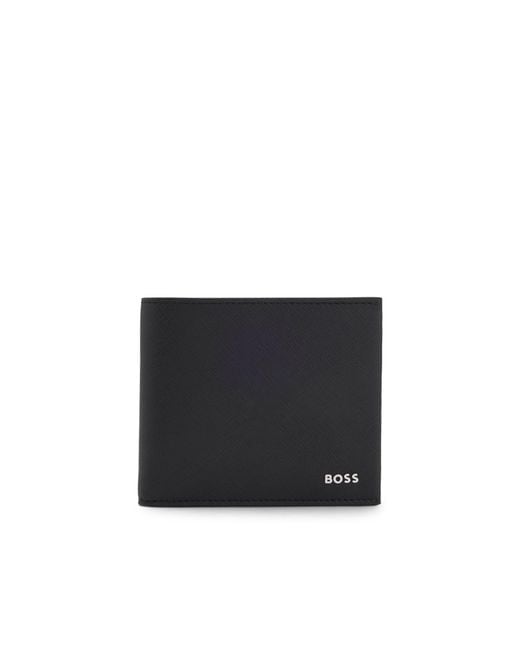 Boss Black Structured Folding Wallet With Metal Logo Lettering for men