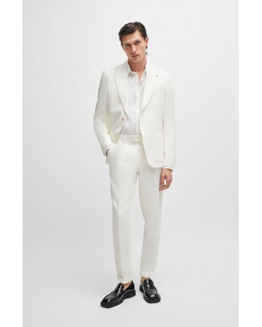 Boss White Relaxed-fit Trousers In Micro-patterned Linen for men