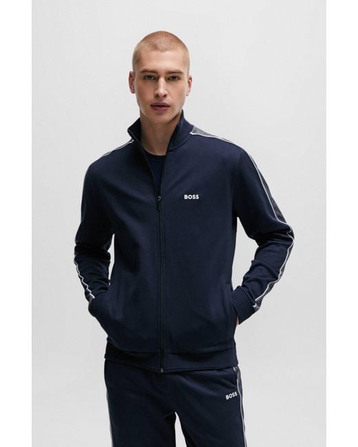 Boss Blue Zip-up Jacket With Embroidered Logo for men