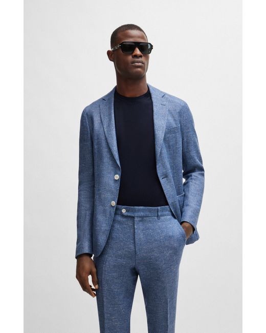 Boss Blue Slim-fit Jacket In A Micro-patterned Linen Blend for men