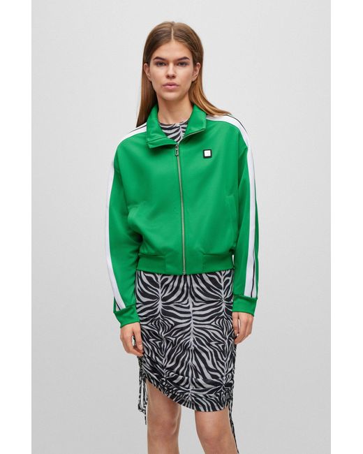 HUGO Green Zip-up Jersey Jacket With Striped Sleeves