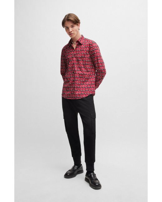 HUGO Slim-Fit Hemd aus elastischer Baumwoll-Popeline mit Logo-Print in Red für Herren