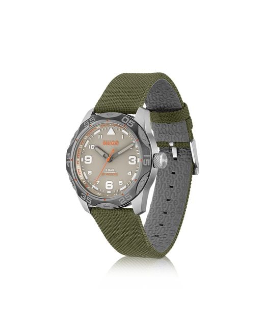 HUGO Grey-dial Watch With Green Fabric Strap Men's Watches for men