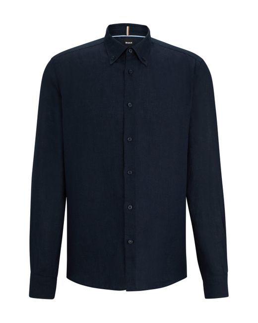 Boss Regular-fit Linnen Overhemd Met Buttondownkraag in het Blue voor heren