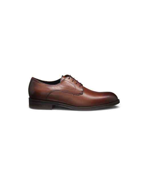 Boss Brown Leather Derby Shoes With Stitching Details for men
