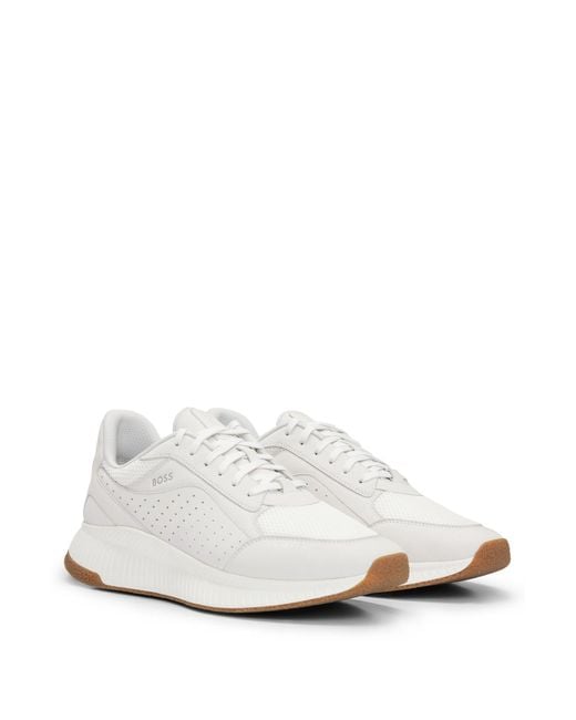 Boss White Ttnm Evo Leather Lace-up Trainers With Mesh Trims for men