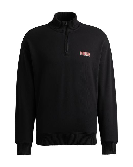 HUGO Black Logo-print Zip-neck Sweatshirt In Cotton Terry for men