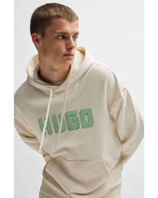 HUGO White Logo-print Hoodie In French-terry Cotton for men