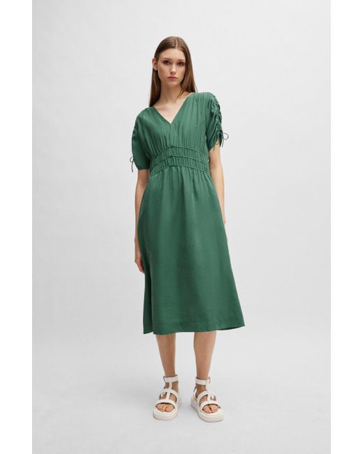 Boss Green Slim-fit Midi Dress With Gathered Sleeves