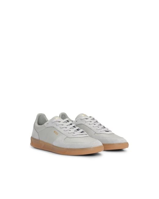 Boss White Leather-Suede Trainers With Foil-Print Branding for men