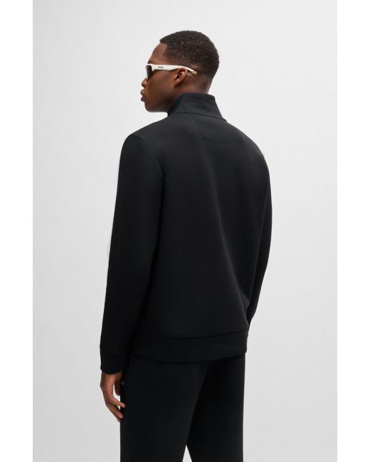Boss Black Stretch-cotton Zip-up Sweatshirt With Logo Print for men