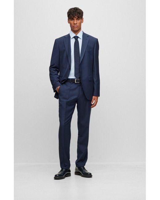 Boss Blue Regular-fit Suit In Micro-patterned Stretch Cloth for men