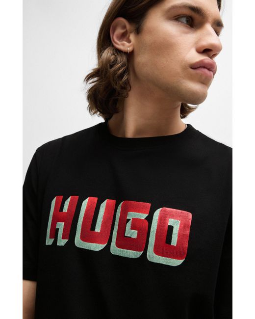 HUGO Black Cotton-jersey T-shirt With Logo Print for men