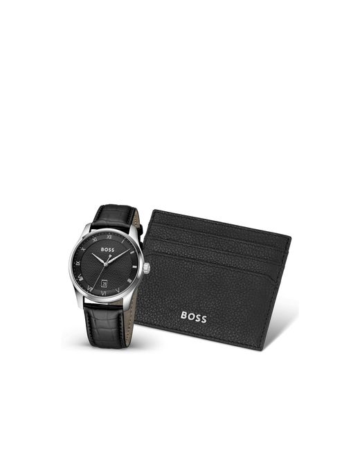 Boss Black Textured-Dial Watch And Card Holder Gift Set for men