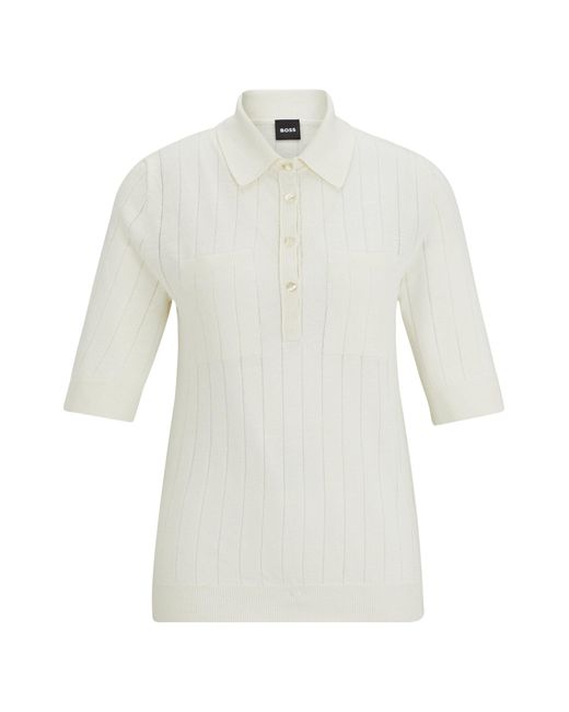 Boss White Linen-blend Sweater With Polo Collar