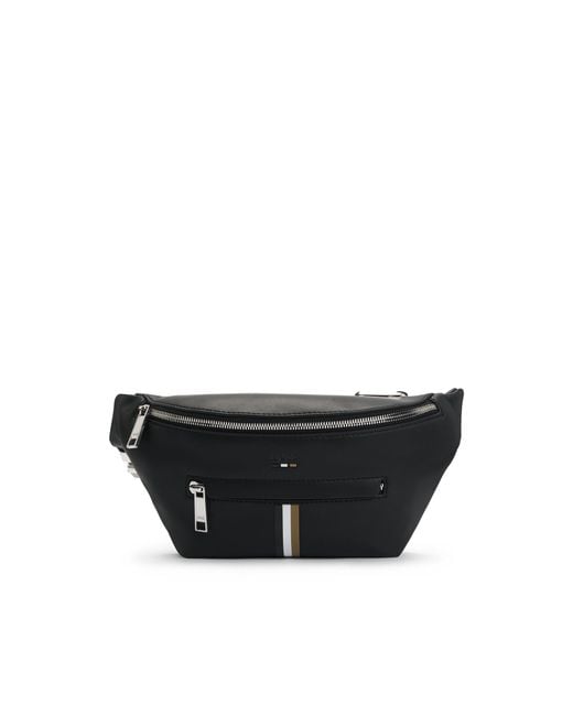 Boss Black Faux-Leather Belt Bag With Signature Stripe for men