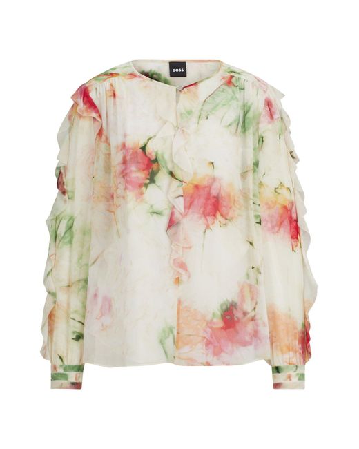 Boss White Printed Blouse In Crinkle Crepe With Frilled Trim