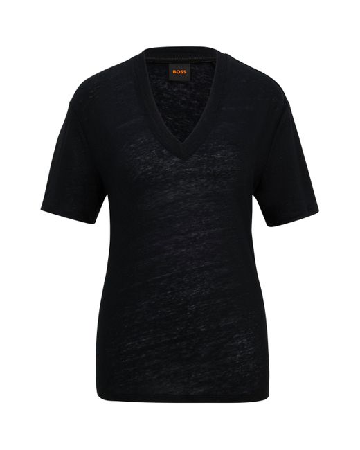 Boss T-shirt Met V-hals Van Linnen in het Black