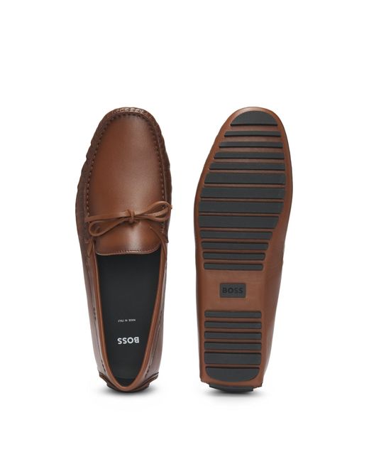 Boss Brown Leather Moccasins With Driver Sole And Logo for men