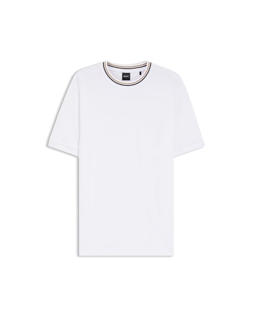 Boss White Cotton-Piqué T-Shirt With Striped Collar for men