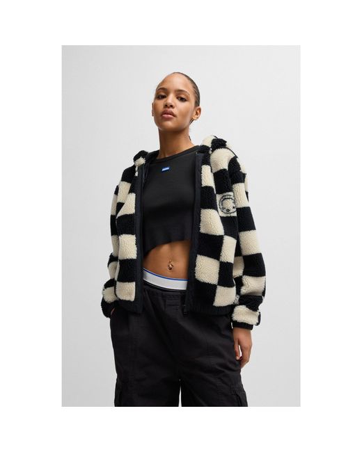 HUGO Black Teddy Jacket With Checkerboard Jacquard