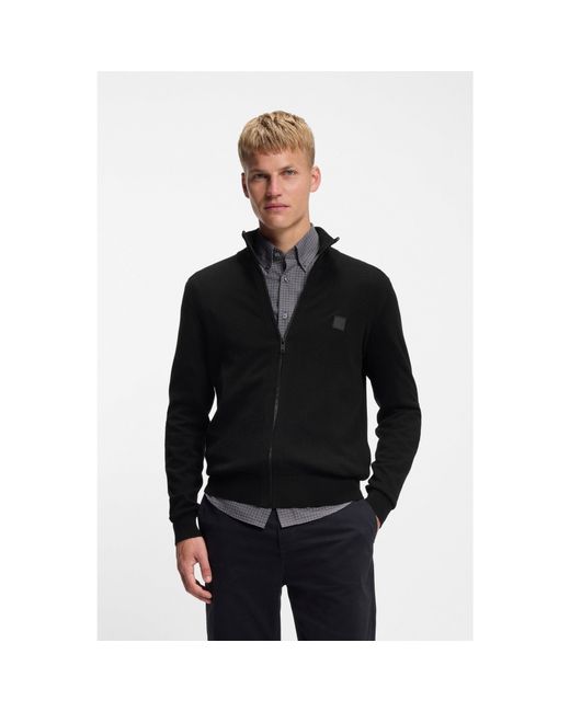 Boss Black Cotton-Cashmere Knitted Jacket With Logo Patch for men