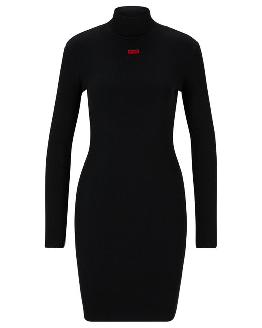 HUGO Black Langarm-Kleid mit rotem Logo-Label
