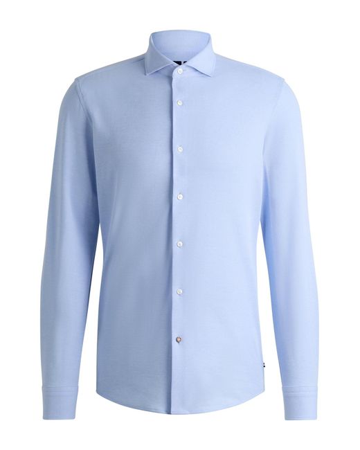 Boss Blue Slim-fit Shirt In Cotton-piqué Jersey for men