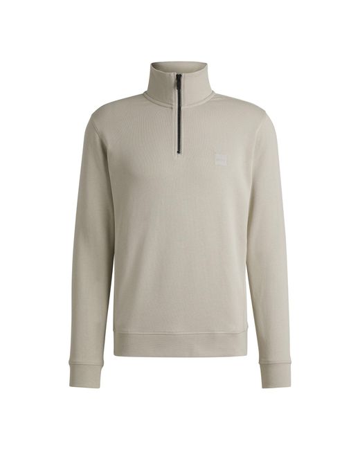 Boss Gray Cotton-Terry Zip-Neck Sweatshirt With Logo Patch for men