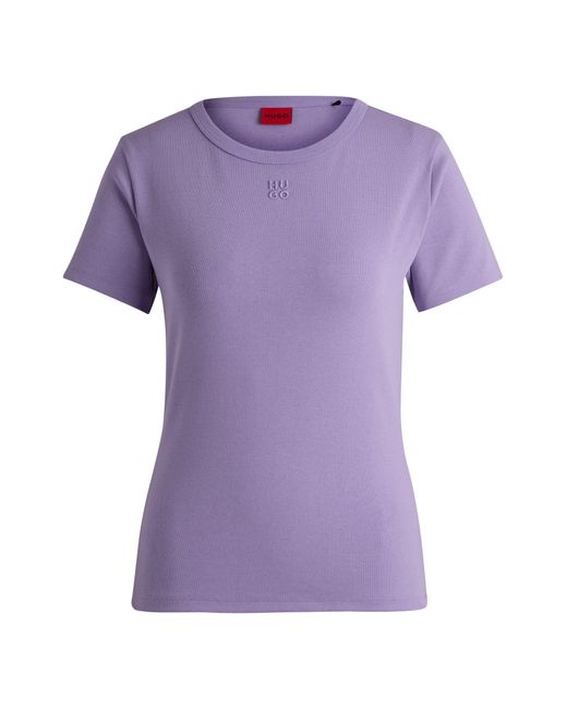 HUGO Purple Cotton-blend T-shirt With Embroidered Stacked Logo
