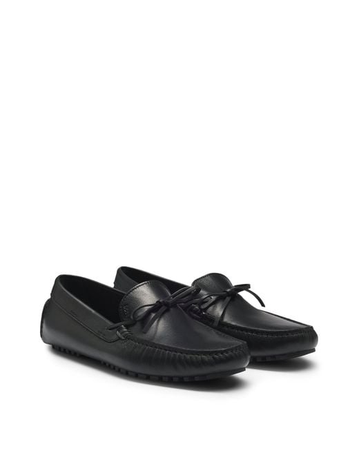 Boss Black Leather Moccasins With Driver Sole And Logo for men