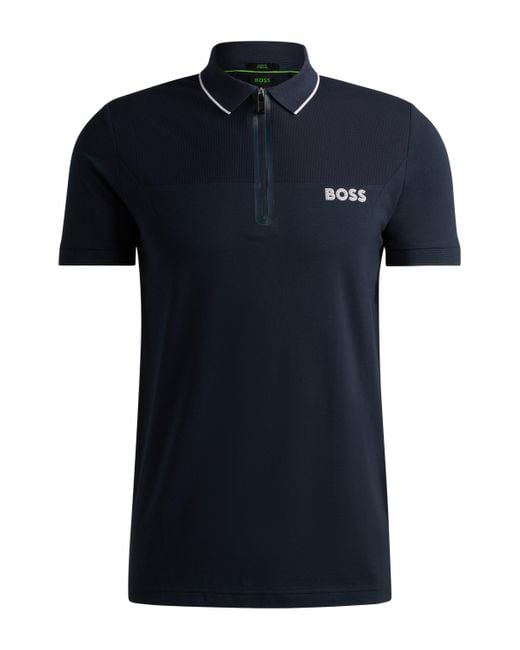 Boss Slim-Fit Poloshirt mit Troyerkragen und Mesh-Details in Black für Herren