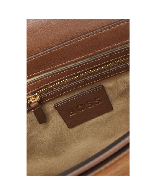 Boss Brown Suede Crossbody Bag With Double B Monogram
