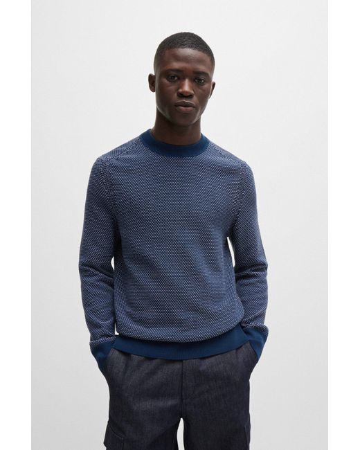Boss Blue Cotton-blend Sweater With Two-tone Structure for men