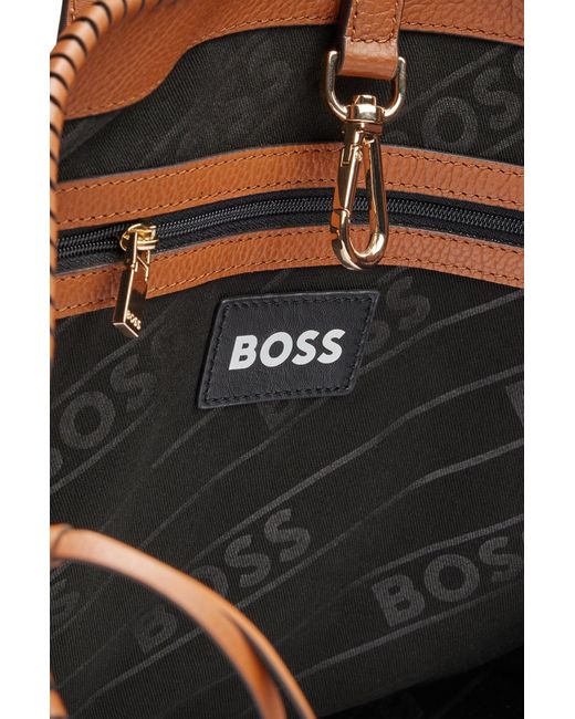 Boss Brown Grained-leather Shopper Bag With Whipstitch Details
