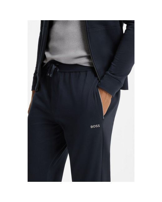 Boss Blue Stretch-Cotton Tracksuit Bottoms With Embroidered Logo for men