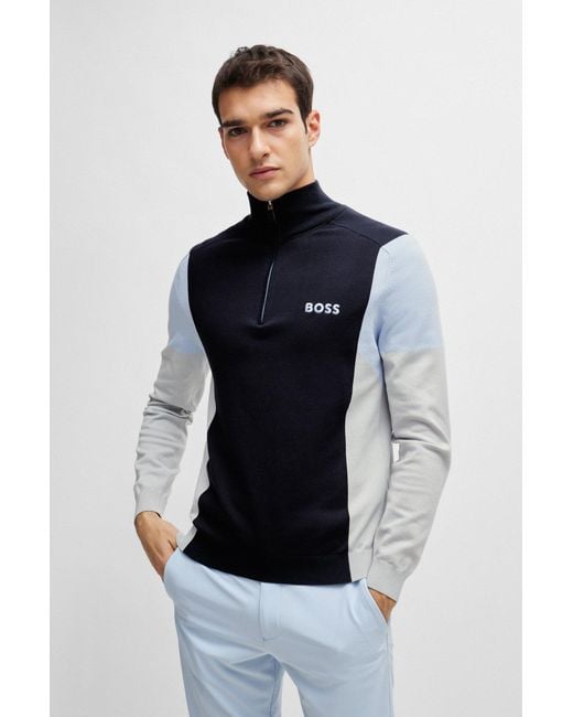 Boss Blue Cotton-blend Zip-neck Sweater With Embroidered Logos for men